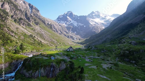 Aerial view of Lake Estom. Lake Gaube is a lake in the French Pyrenees, in the Hautes-Pyrénées department, near the town of Cauterets