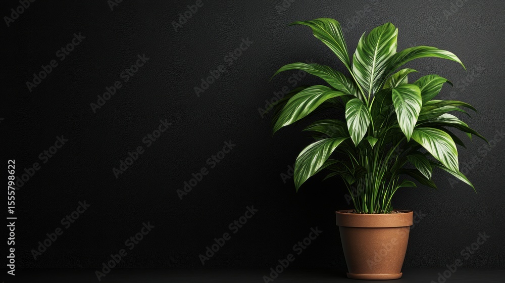Obraz premium A large green houseplant in a very nice pot on black background. Space for text.