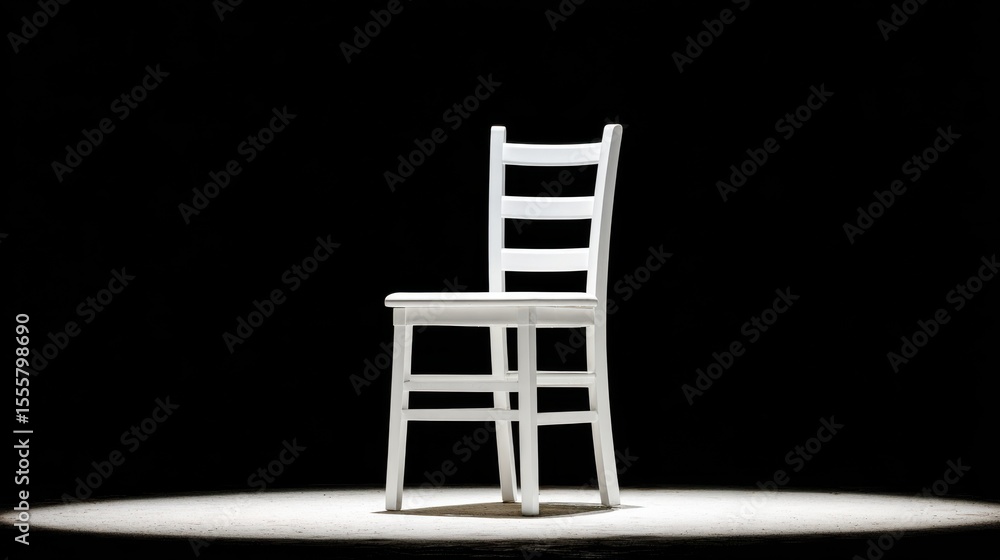 White chair standing in spotlight on black background White chair standing in spotlight on black background