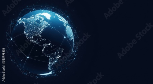Blue and white globe with interconnected network. Modern digital Earth illustration. Global communication and technology theme.