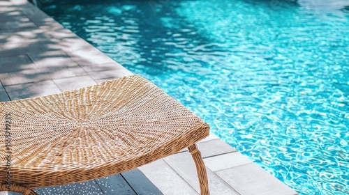 Close up of a rattan chaise lounge on a pool deck with bright turquoise pool water in the background on a sunny summer day