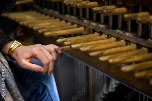 12-29-2024. Close-up of the carillon keyboard in the Belfry of Douai, Nord, Hauts-de-France, France.