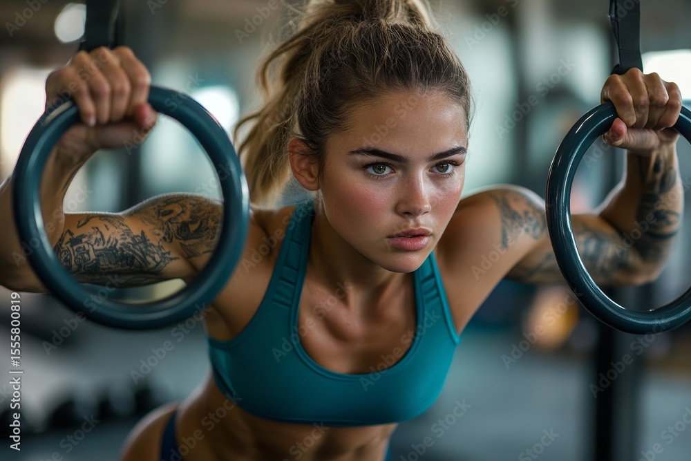 Obraz premium Strong woman exercising with dip rings, showcasing upper body strength and control during a challenging workout in a fitness studio, Generative AI