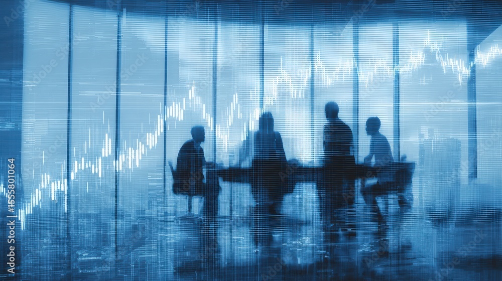 Businesspeople meeting in a skyscraper office with a digital screen showing economic success. Businesspeople meeting in a skyscraper office with a digital screen showing economic success.