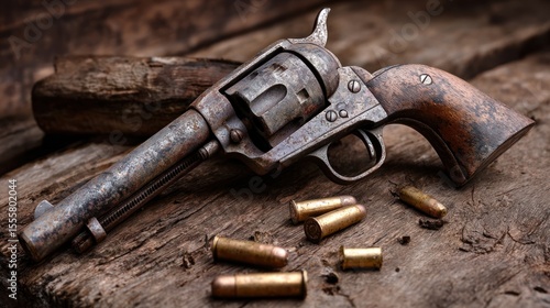 Antique revolver with cartridges on rustic wood