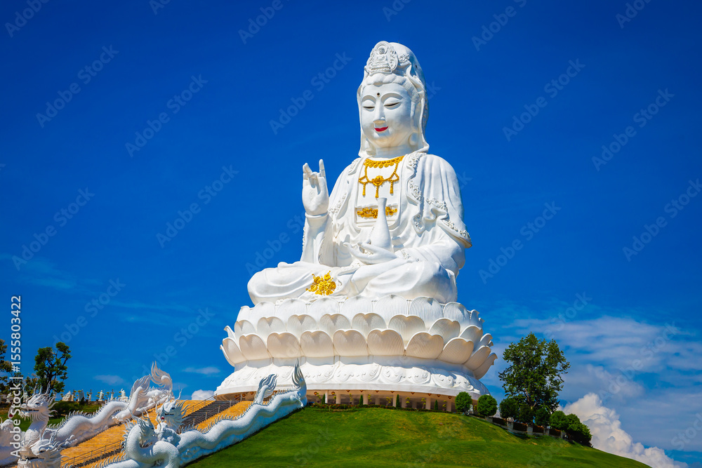 Fototapeta premium Landscape of Wat Huay Pla Kung temple Statue of Guan Yin travel destination the famous place religious attractions of Chiang Rai province, Northern of Thailand.