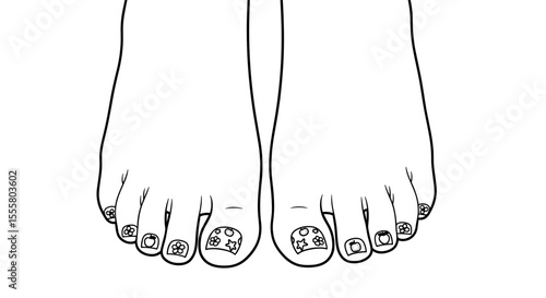 Feet with decorated toenails in minimalist line art style with copy space