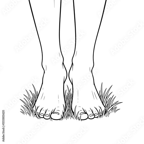 Feet standing on grass in minimalist line art style with copy space