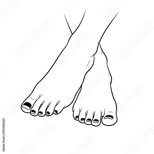 Crossed feet with stylish black nail polish in minimalist line art style with copy space