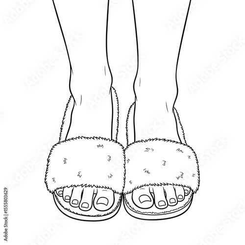 Feet in fluffy slippers in minimalist line art style with copy space