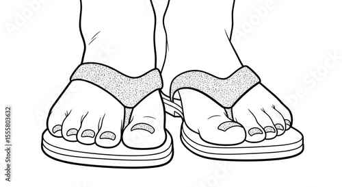 Feet wearing flip-flops in minimalist line art style with copy space