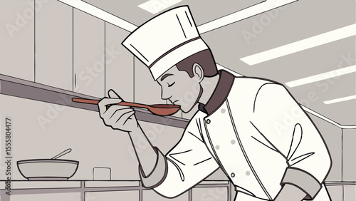 Cartoon chef smelling food from a wooden spoon in kitchen.
