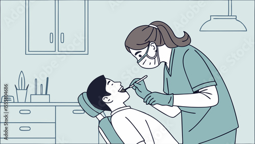 Dentist examining patients teeth with dental tool in clinic setting.