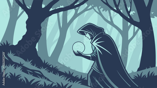 Mysterious Figure in Hooded Robe Gazing at Crystal Ball.
