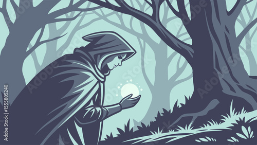 Mystical Figure Holding Luminous Orb in Enchanting Forest.