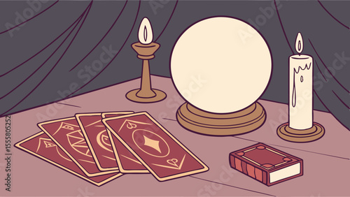 Mystical Fortune Tellers Table with Crystal Ball Tarot Cards and Candles.