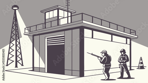 Security Guards Protecting Modern Control Tower and Antenna.