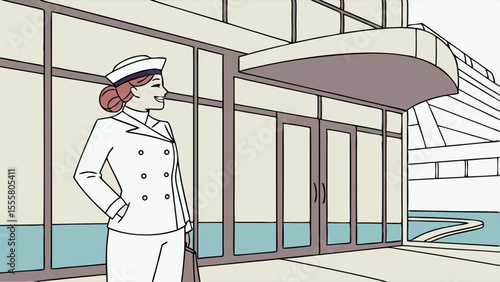 Smiling Woman in Uniform at Building Entrance.