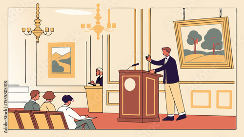 Speaker at Podium Addressing Audience in Ornate Room.