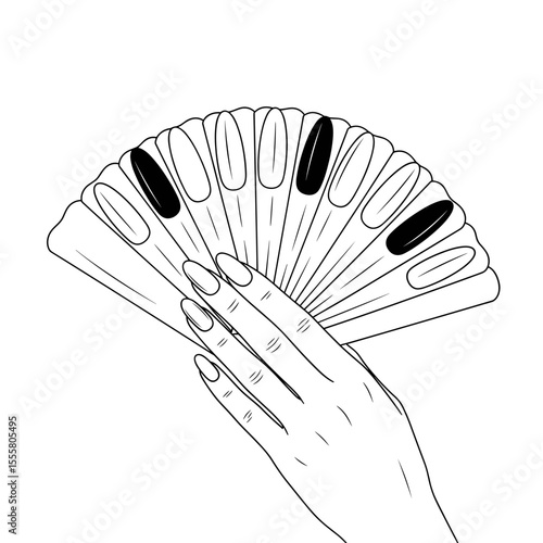 Hand holding a fan of nail polish colors in minimalist line art style with copy space