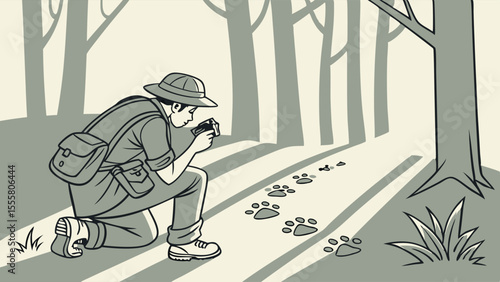 Wildlife Photographer Kneeling Documenting Animal Tracks in Forest.