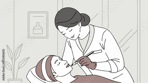 Woman receiving lip filler injection from a cosmetologist in a clinic.
