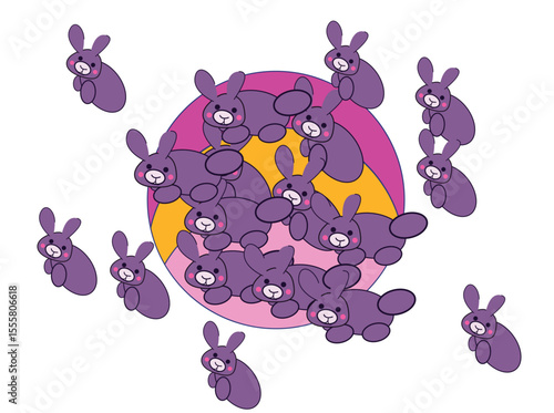 Colorful illustration of abstract purple creatures overlapping on circular background. Fun surreal artwork for creative and fantasy themes.