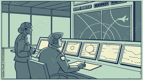 Air traffic controllers monitoring radar screens in control tower.