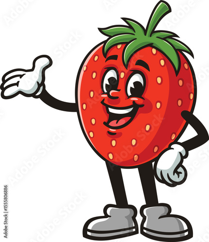 Strawberry character cartoon with welcoming or presenting pose