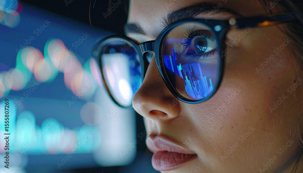 Visionary Analysis: A focused analyst, wearing stylish glasses, intensely examines a complex financial chart on a high-tech screen, her eyes reflecting the vibrant data display. Visionary Analysis: A focused analyst, wearing stylish glasses, intensely examines a complex financial chart on a high-tech screen, her eyes reflecting the vibrant data display.