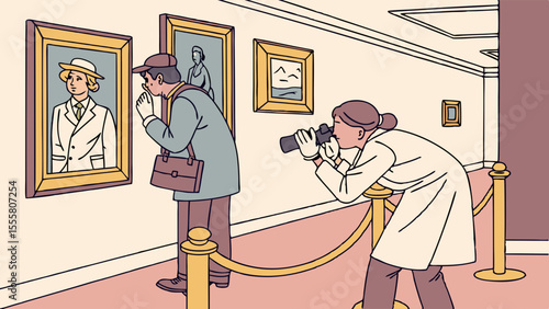 Art Gallery Visitors Observing and Photographing Paintings.