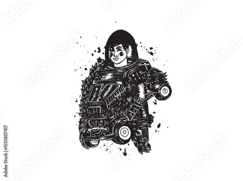 Surreal black and white illustration of an astronaut carrying a mechanical vehicle. Abstract sci-fi artwork symbolizing exploration, technology, and imagination