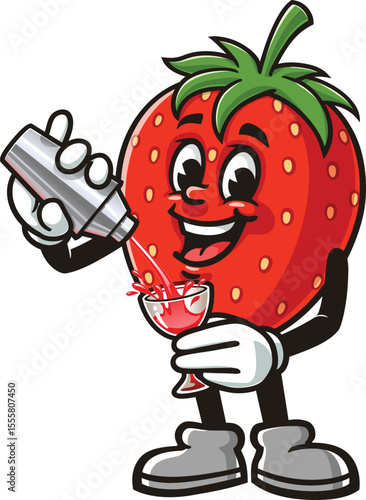 Strawberry character cartoon is making a cocktail