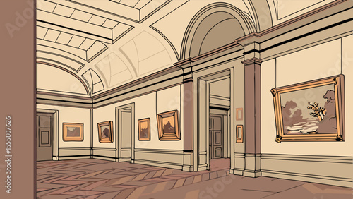 Cartoon illustration of an art gallery interior with paintings and doorways.