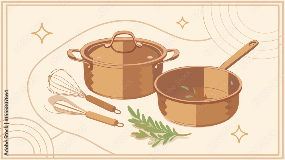 Cooking Utensils Pot Pan Whisk and Rosemary Illustration. Cooking Utensils Pot Pan Whisk and Rosemary Illustration.