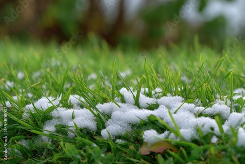 Green grass partially covered with patches of white snow in an outdoor setting