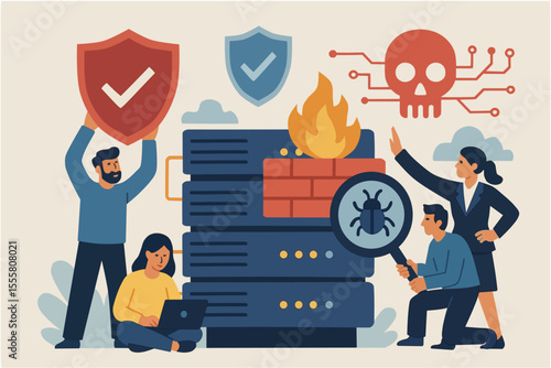 Cybersecurity team protecting servers from digital attack with firewall and antivirus tools