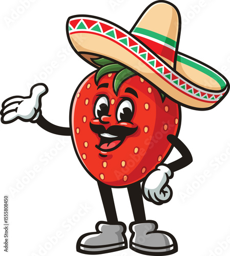 Strawberry character cartoon wearing a sombrero