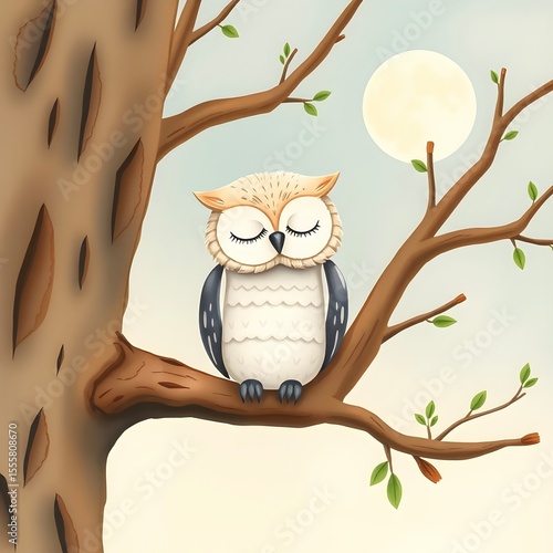 Soft toned owl resting on tree with moon behind.