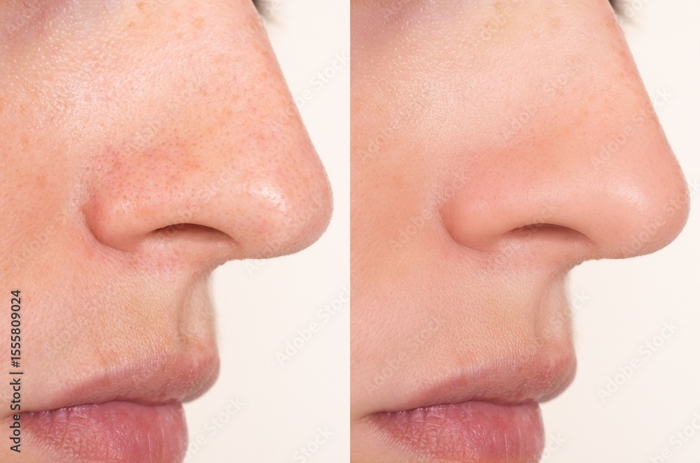 Obraz premium Close-up comparison of nose and cheek skin before and after pore-minimizing skincare routine. Ideal for dermatology, beauty, or cosmetic product marketing