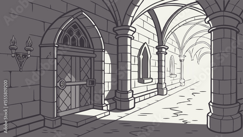 Medieval Stone Passageway with Gothic Architecture.