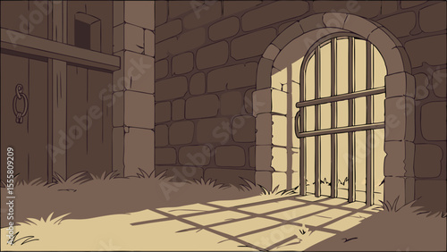 Medieval Stone Prison Gate and Wooden Doorway.
