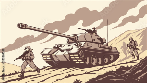 Military Tank and Soldiers Advancing on a Battlefield.