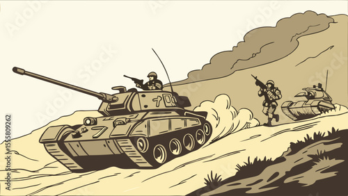 Military Tank and Soldiers in Action.