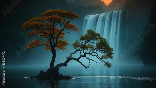 Vibrant orange tree in reflective water near misty waterfall with soft ethereal morning light