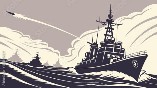Naval Destroyer Launching Missile at Sea.