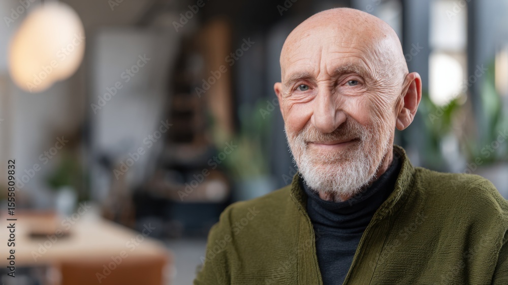 Elderly man with bald head and white beard wearing dark turtleneck and olive-green jacket, warm smile, kind eyes, cozy indoor setting, soft bokeh background, warm lamp, green plants, serene ambiance. Elderly man with bald head and white beard wearing dark turtleneck and olive-green jacket, warm smile, kind eyes, cozy indoor setting, soft bokeh background, warm lamp, green plants, serene ambiance.