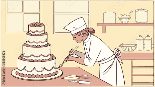 Pastry Chef Decorating a MultiTiered Wedding Cake.