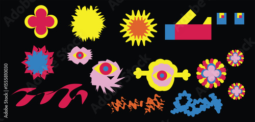 Naive playful abstract shapes sticker pack. Groovy circle oval rectangle arch eyes typography in trendy retro 90s cartoon style. Vector illustration with wavy geometric elementsrtytrtr