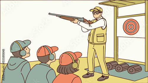 Shooting Range Instructor Demonstrating Gun Use to Spectators.